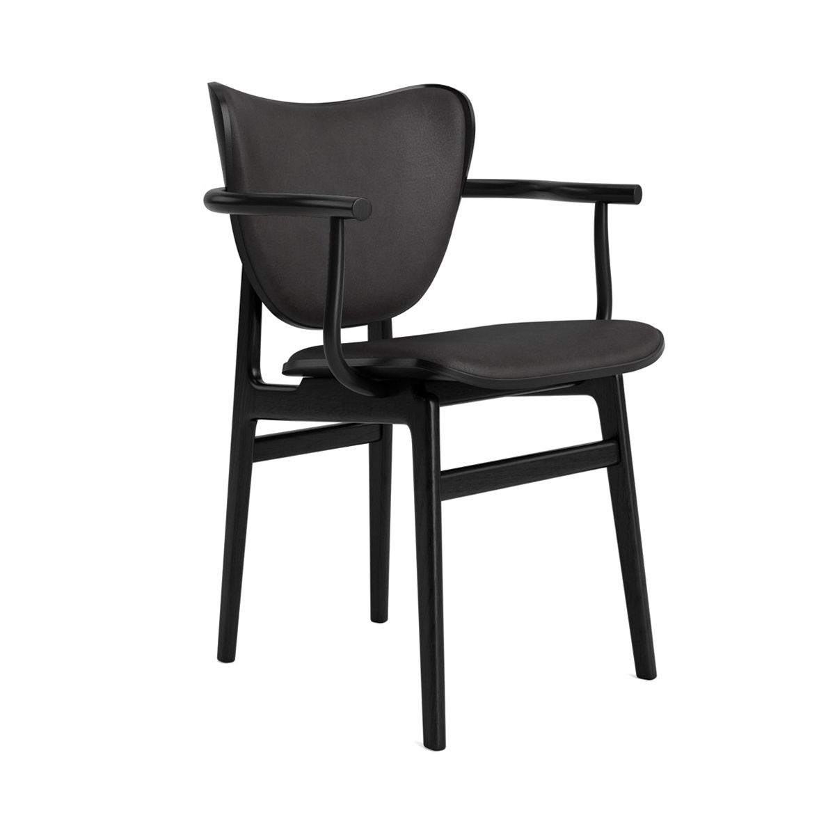 Schwarzer Elephant Dining Chair Stuhl von NORR11 mit Armlehnen und Frontpolsterung, Ansicht von vorne.