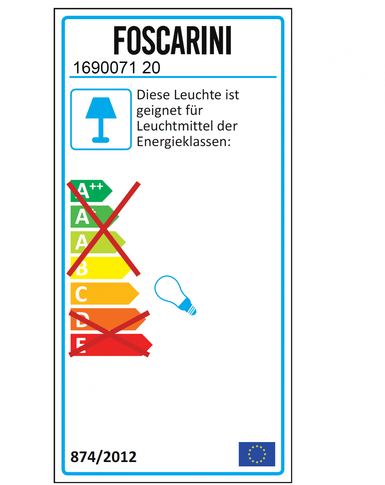 Energieeffizienzlabel für Foscarini Leuchte, geeignet für Leuchtmittel der Energieklassen A++ bis C.