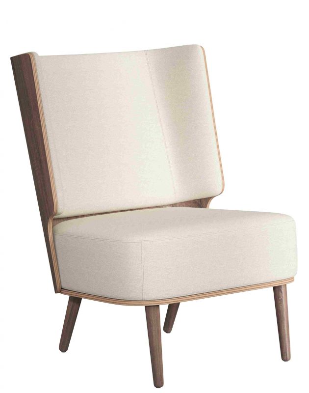 Serena Lounge Chair Sessel mit dunkel gebeiztem Eichenholz und Sweet Vanilla Stoffbezug.