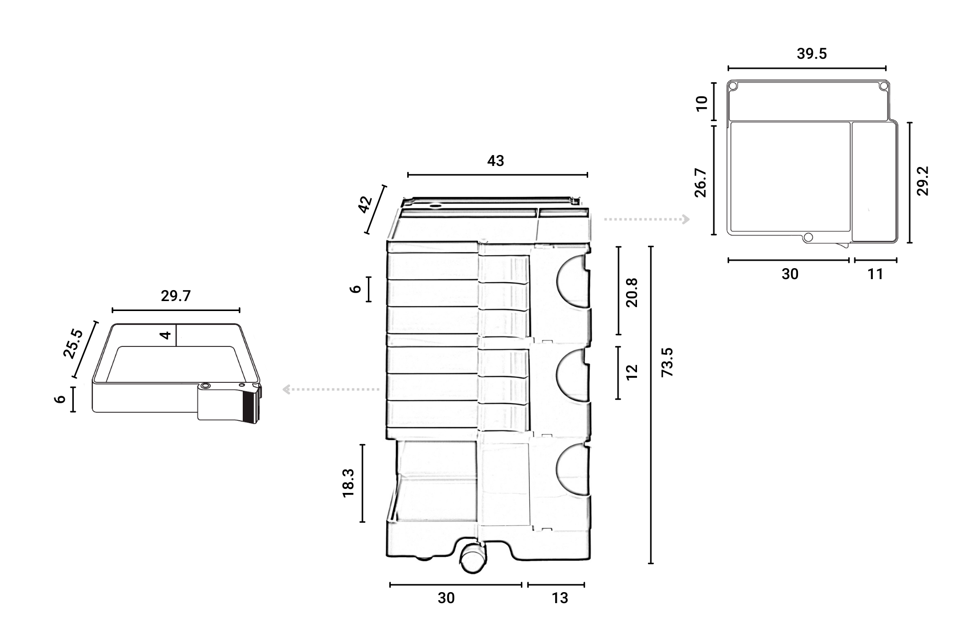 Technische Zeichnung des Boby B36 Rollcontainers B-Line mit Maßen für Büro und Arbeitszimmer.