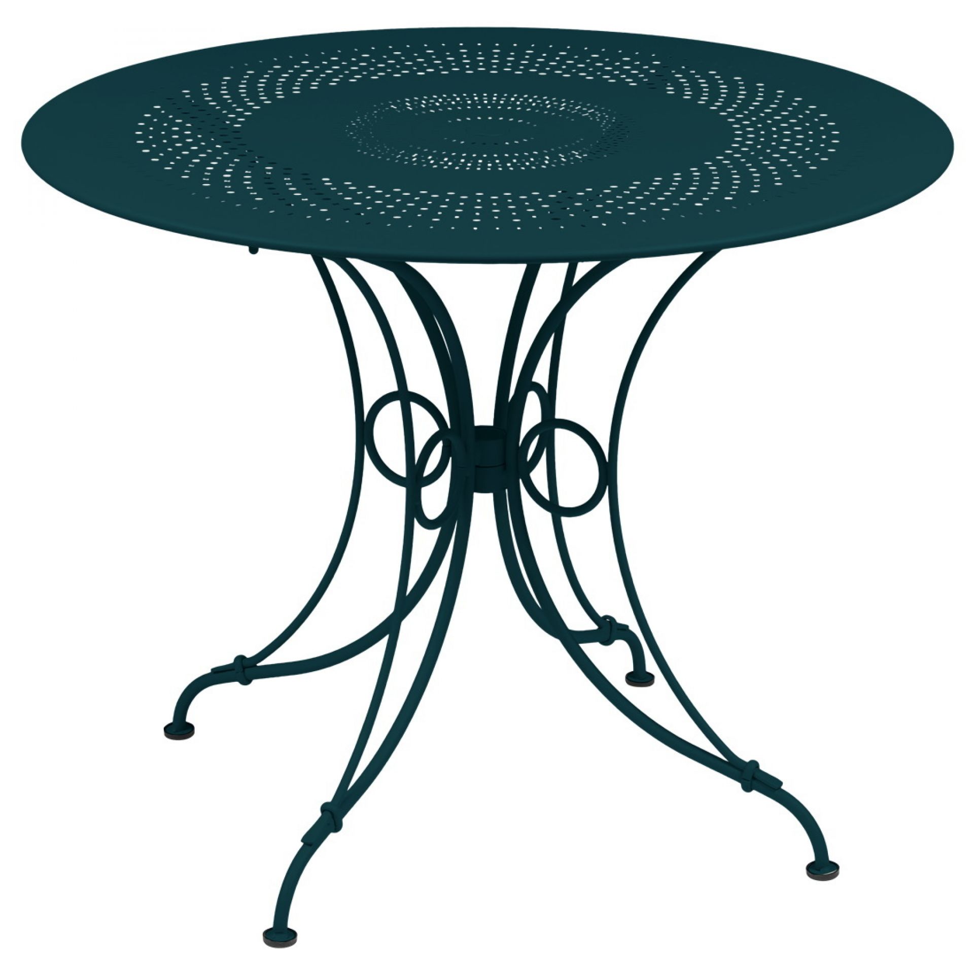 Grüner Fermob 1900 Gartentisch aus Metall mit durchbrochenem Muster für den Außenbereich.