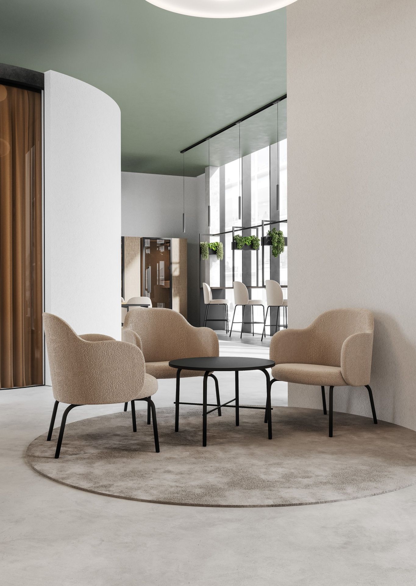 Innenaufnahme: Drei beige flos FS F 420 Loungesessel Bejot um einen schwarzen Tisch auf rundem Teppich.