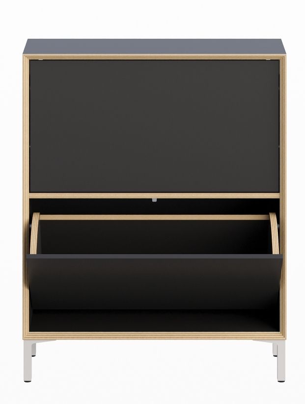 Vertiko Schuhschrank von Müller Möbelwerkstätten, moderner Schuhkipper in Anthrazit mit zwei Fächern und weißen Füßen.