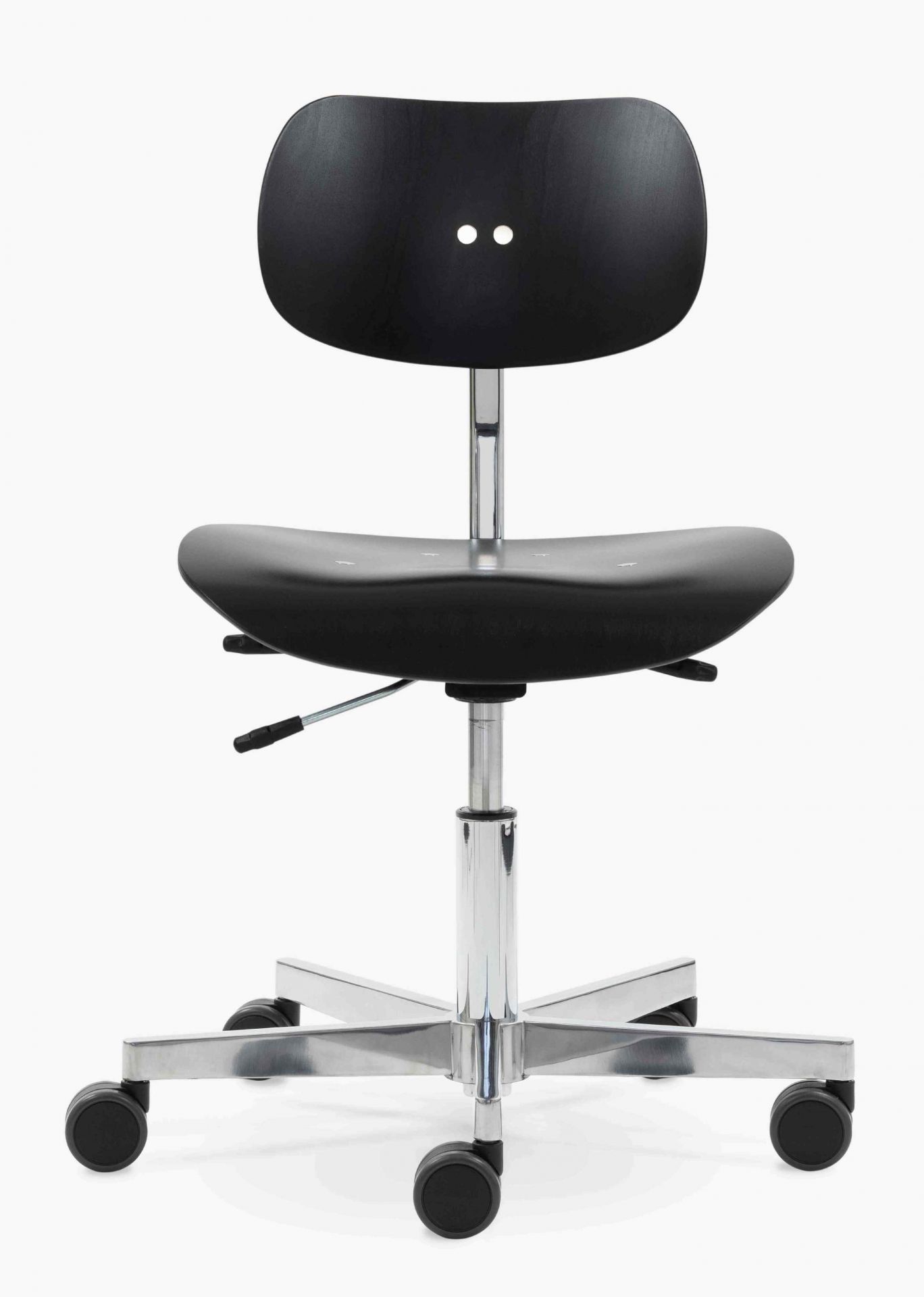S 197 R20 Drehstuhl von Wilde+Spieth, schwarzer Bürostuhl mit Rollen und verstellbarer Sitzhöhe für ergonomisches Sitzen.
