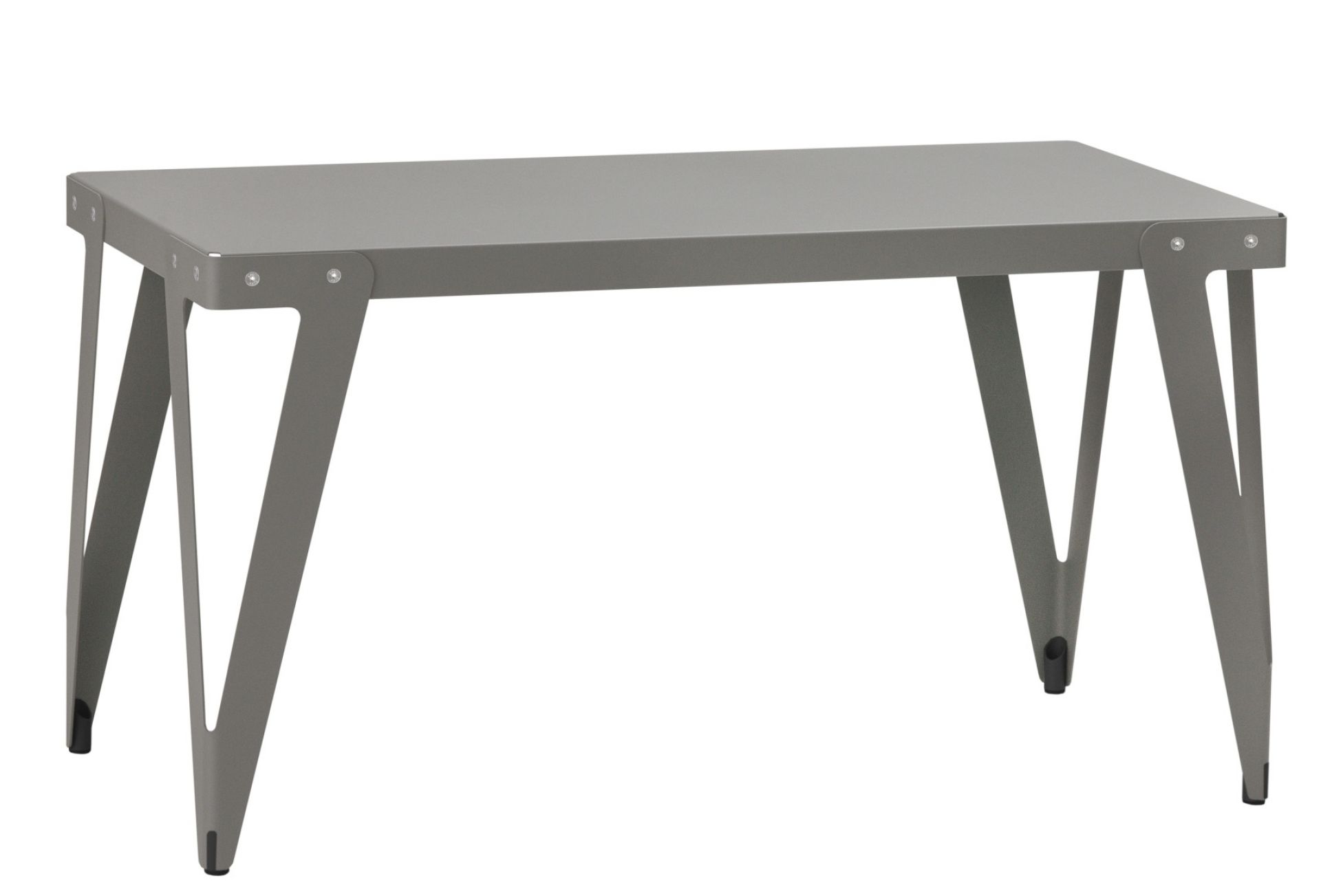 Grauer Lloyd Outdoor Tisch mit gerader Tischplatte und markanten, V-förmigen Beinen. Funktionale Gartenmöbel.