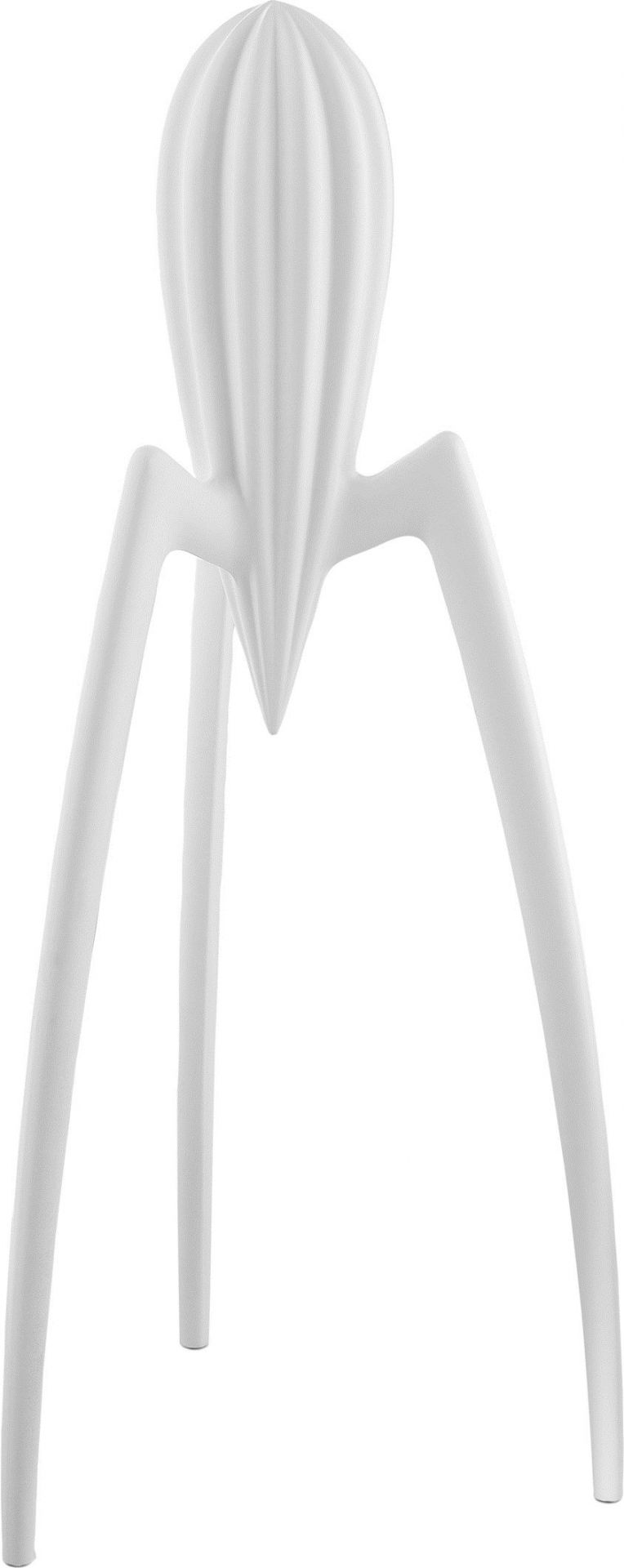 Weiße Alessi Zitronenpresse "Juicy Salif" mit drei Beinen, ikonisches Designobjekt für frischen Zitronensaft.
