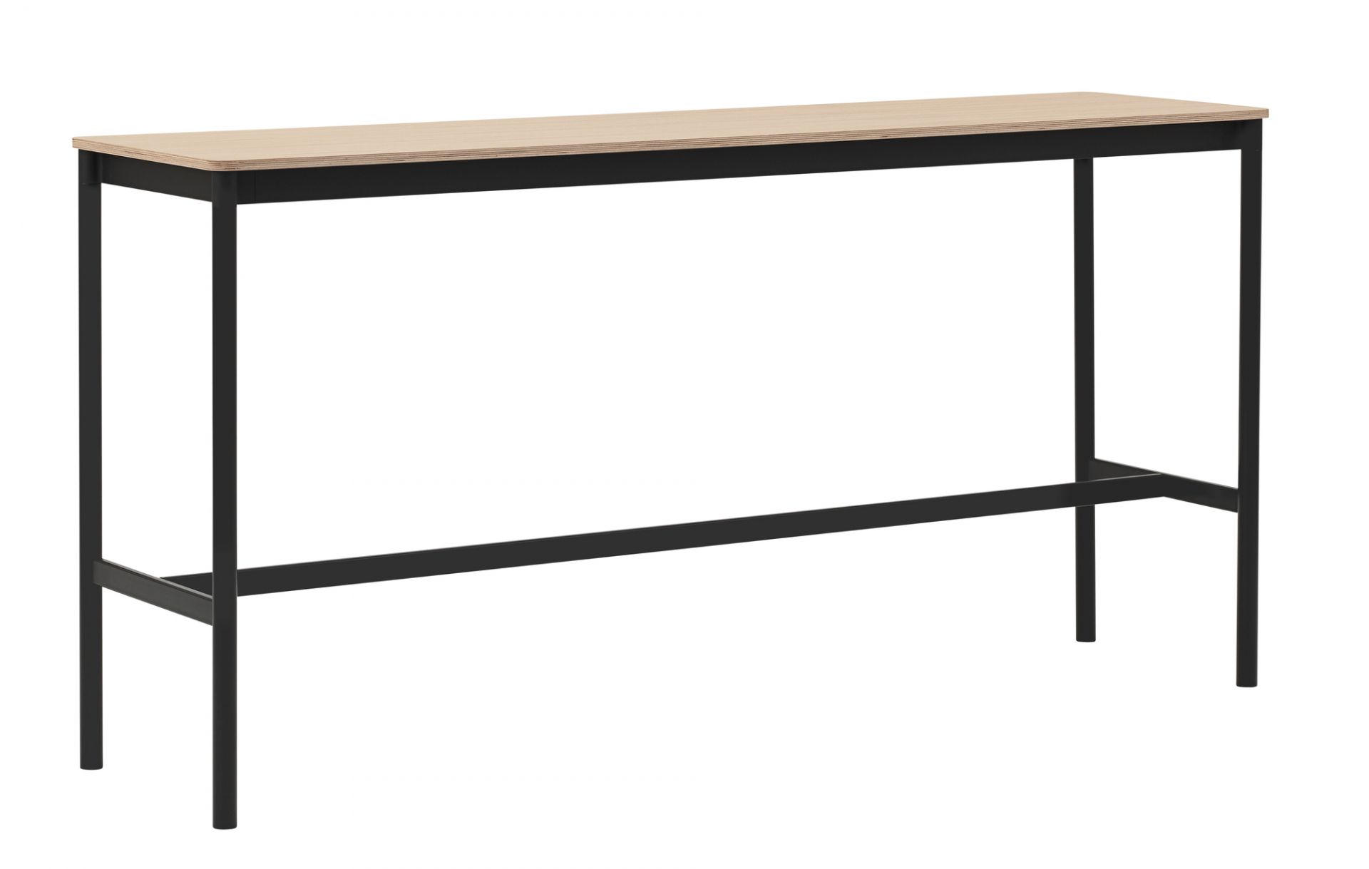 Muuto Base High Table Stehtisch mit heller Tischplatte und schwarzem Metallgestell für Büro und Zuhause.