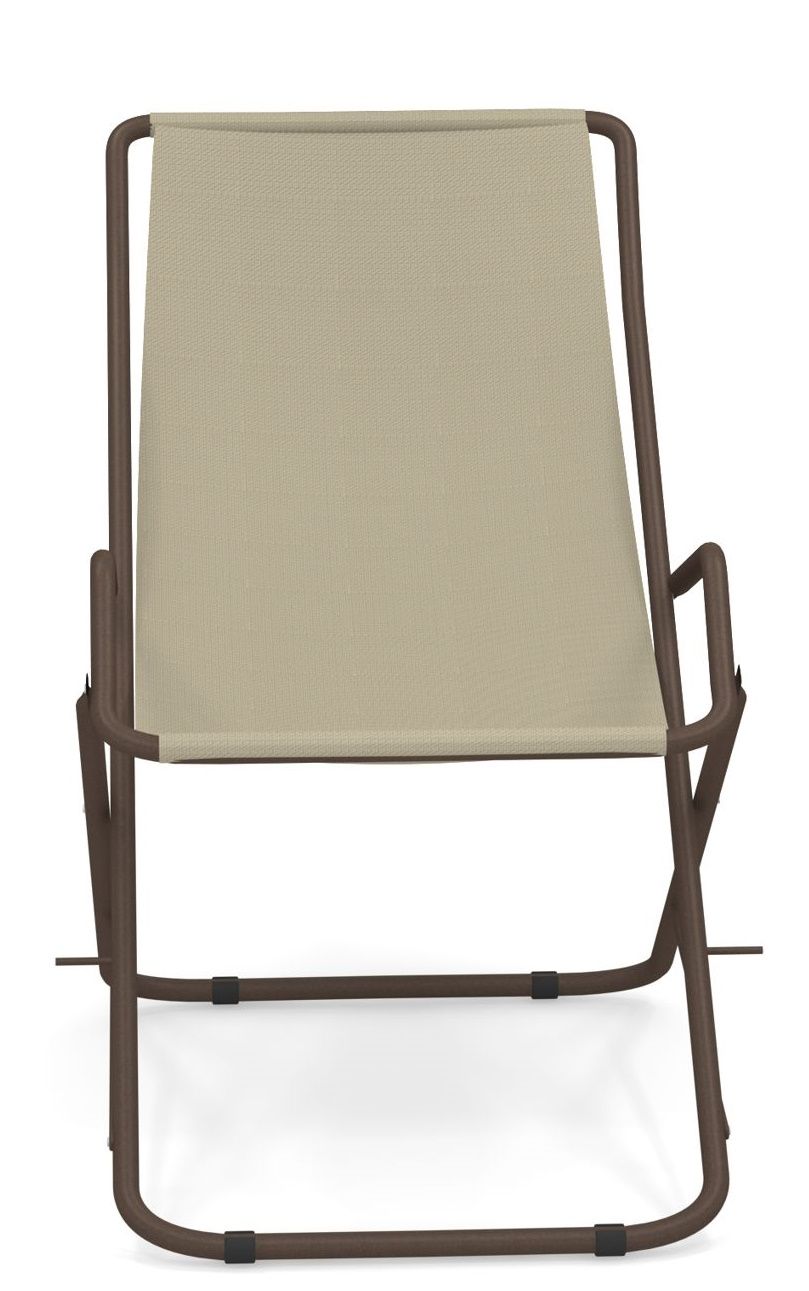 Bahama Liegestuhl Outdoor Emu, braunes Metallgestell mit beiger Stoffbespannung, moderne Gartenliege für Terrasse und Balkon.