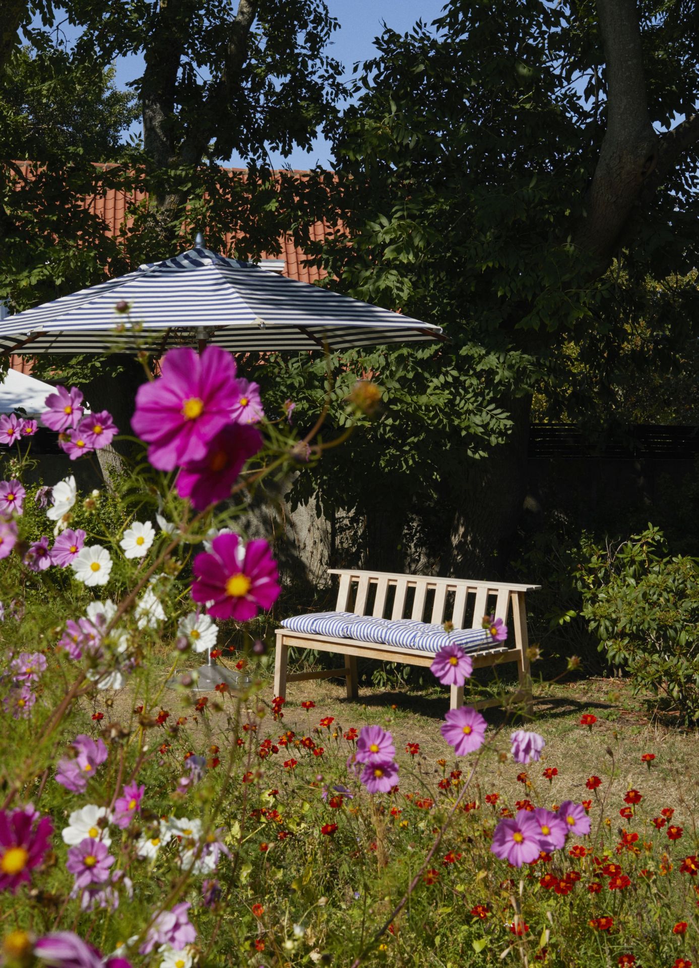 Cadence Bank Teak Gartenbank von Skagerak by Fritz Hansen im blühenden Garten mit Sonnenschirm.