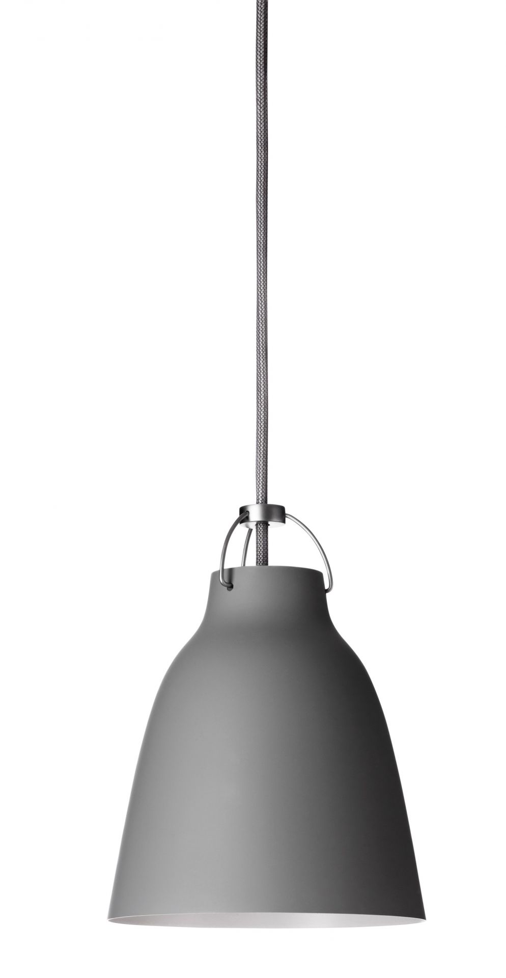 Graue Caravaggio Pendelleuchte von Fritz Hansen mit Textilkabel und sanftem Lichtschein.