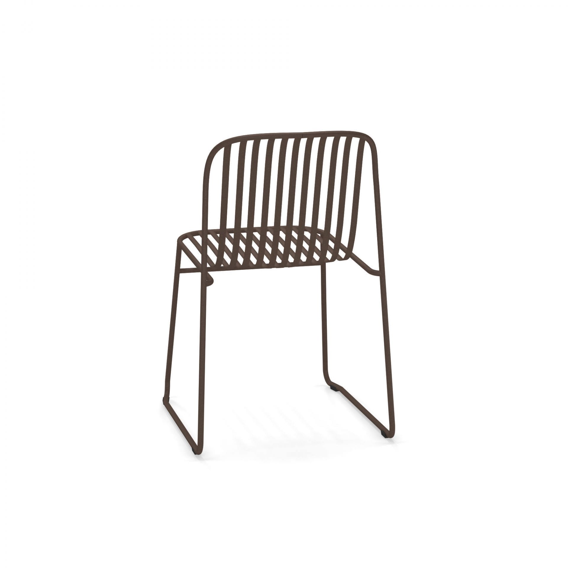 Riviera Stuhl von Emu, brauner Metallstuhl mit Lattenmuster für Garten, Terrasse und Balkon.