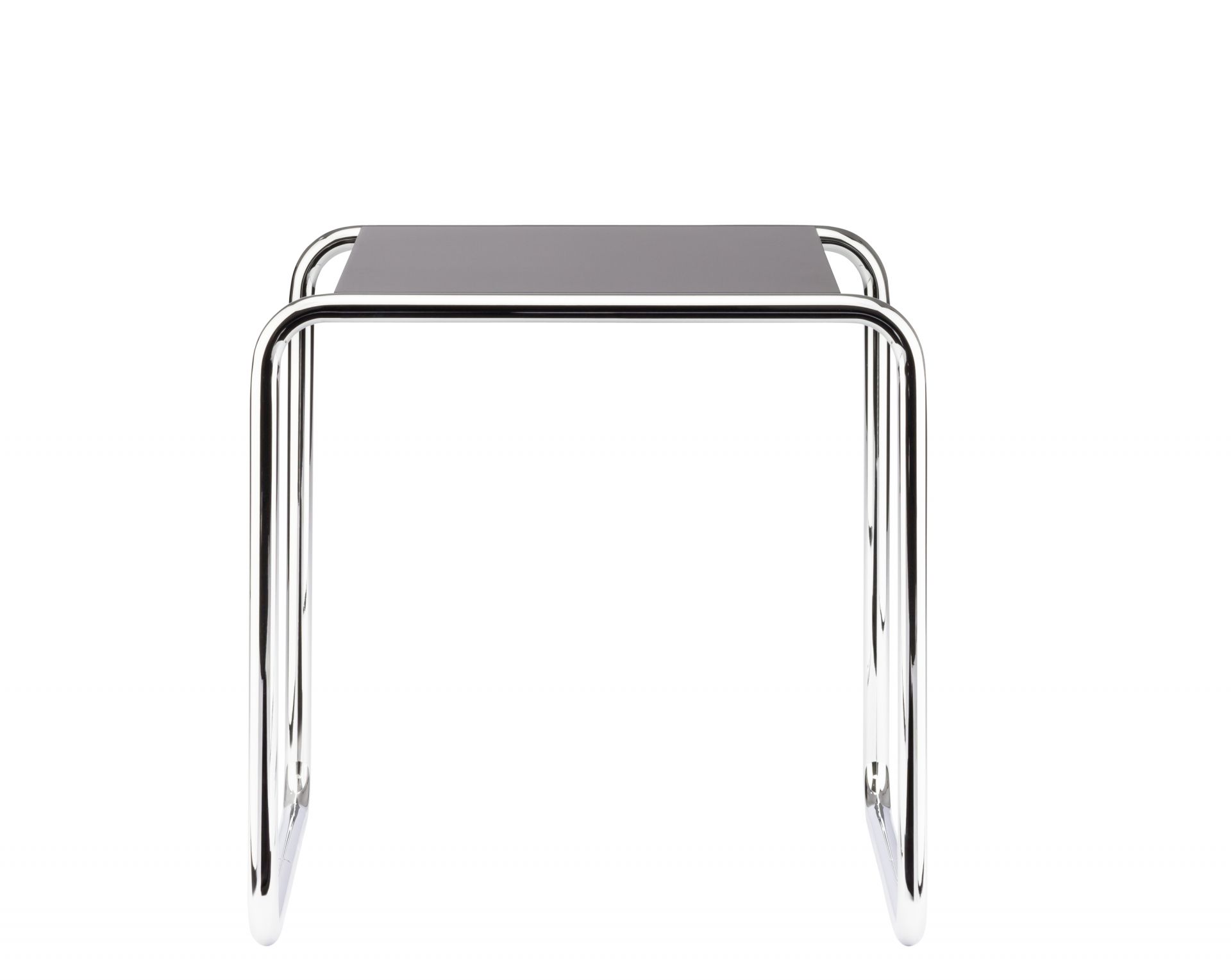 B 9 a Thonet Beistelltisch mit verchromtem Stahlrohrgestell und anthrazitfarbener Tischplatte.