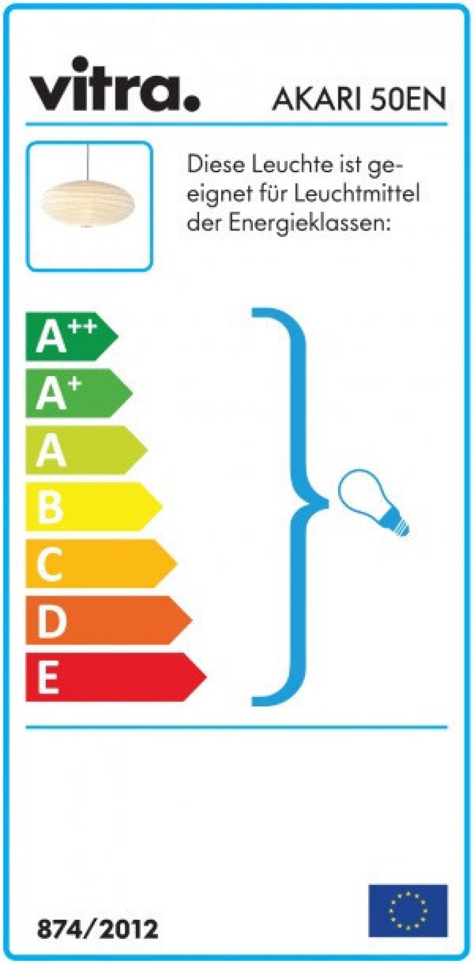 Energieeffizienzlabel der Vitra Akari 50EN Pendelleuchte, eine moderne Papierleuchte für Wohnzimmer und Schlafzimmer.