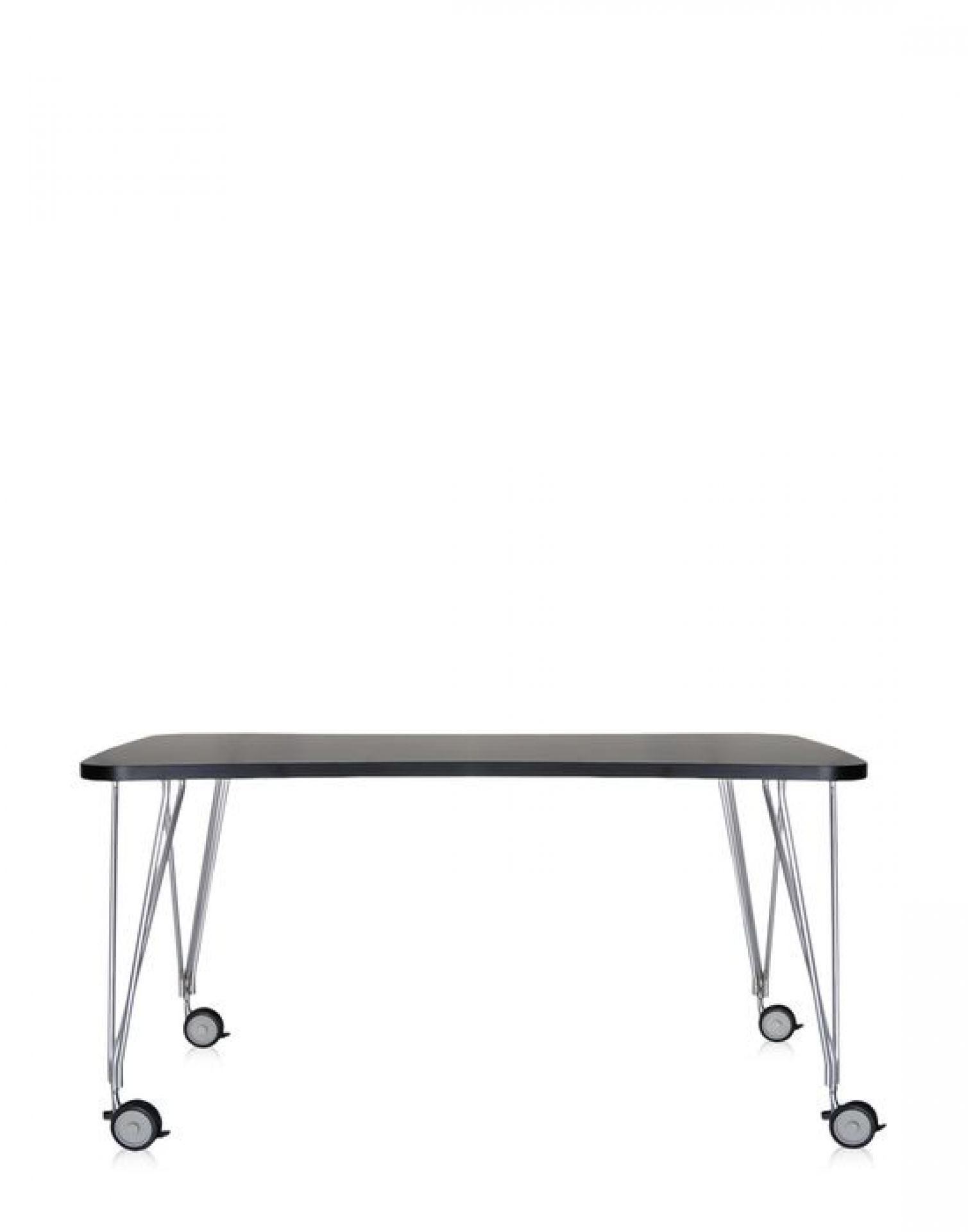 Schwarzer Max Tisch von Kartell mit Rollen und silberfarbenem Gestell, ideal für Büro und Homeoffice.