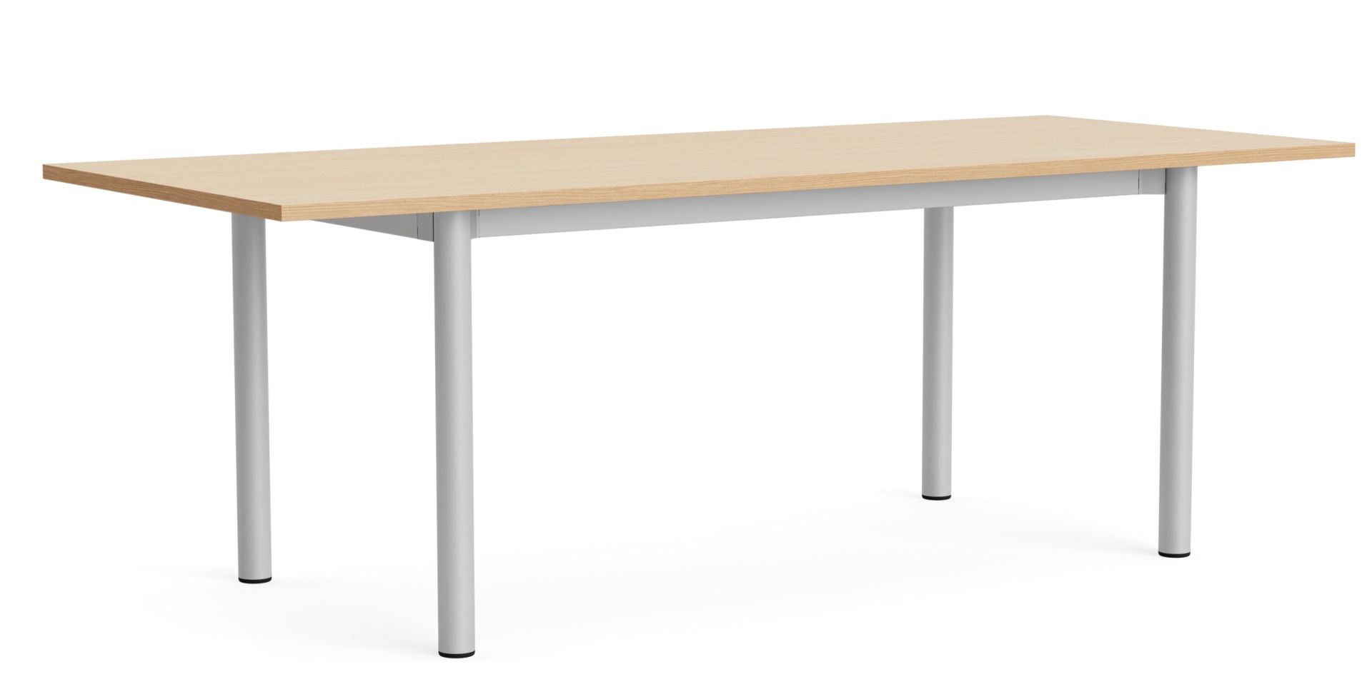 Annex Table von Hay: Rechteckiger Esstisch aus hellem Holz mit silberfarbenem Metallgestell.