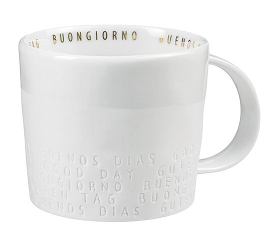 Weiße Tasse mit "Guten Morgen" in verschiedenen Sprachen, Teil des "Guten Appetit" Sets.
