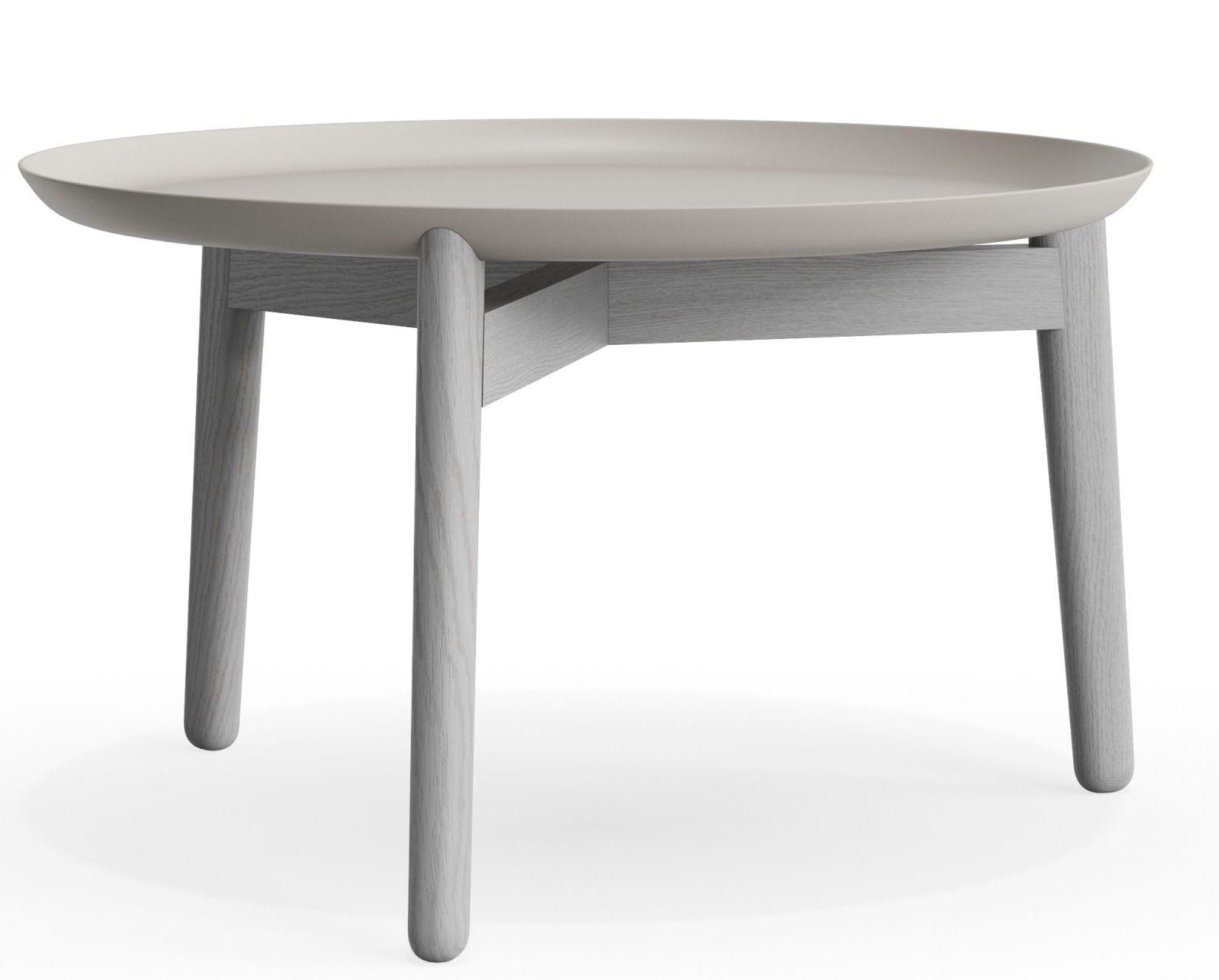 Plaisir 2 Aluminium Beistelltisch von Zeitraum, kleiner runder Tisch mit hellgrauer Tischplatte und Holzbeinen.