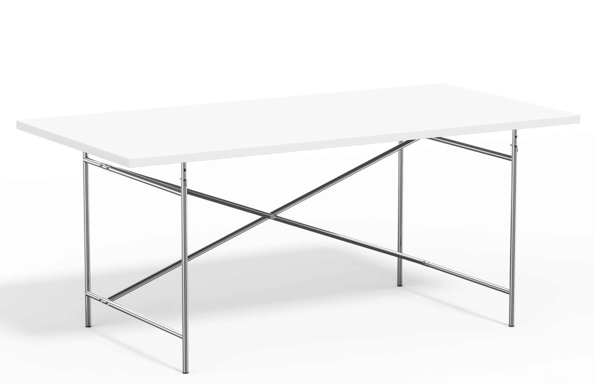 Eiermann Tisch mit weißer Tischplatte und verchromtem Stahlgestell, Designklassiker für Büro und Zuhause.