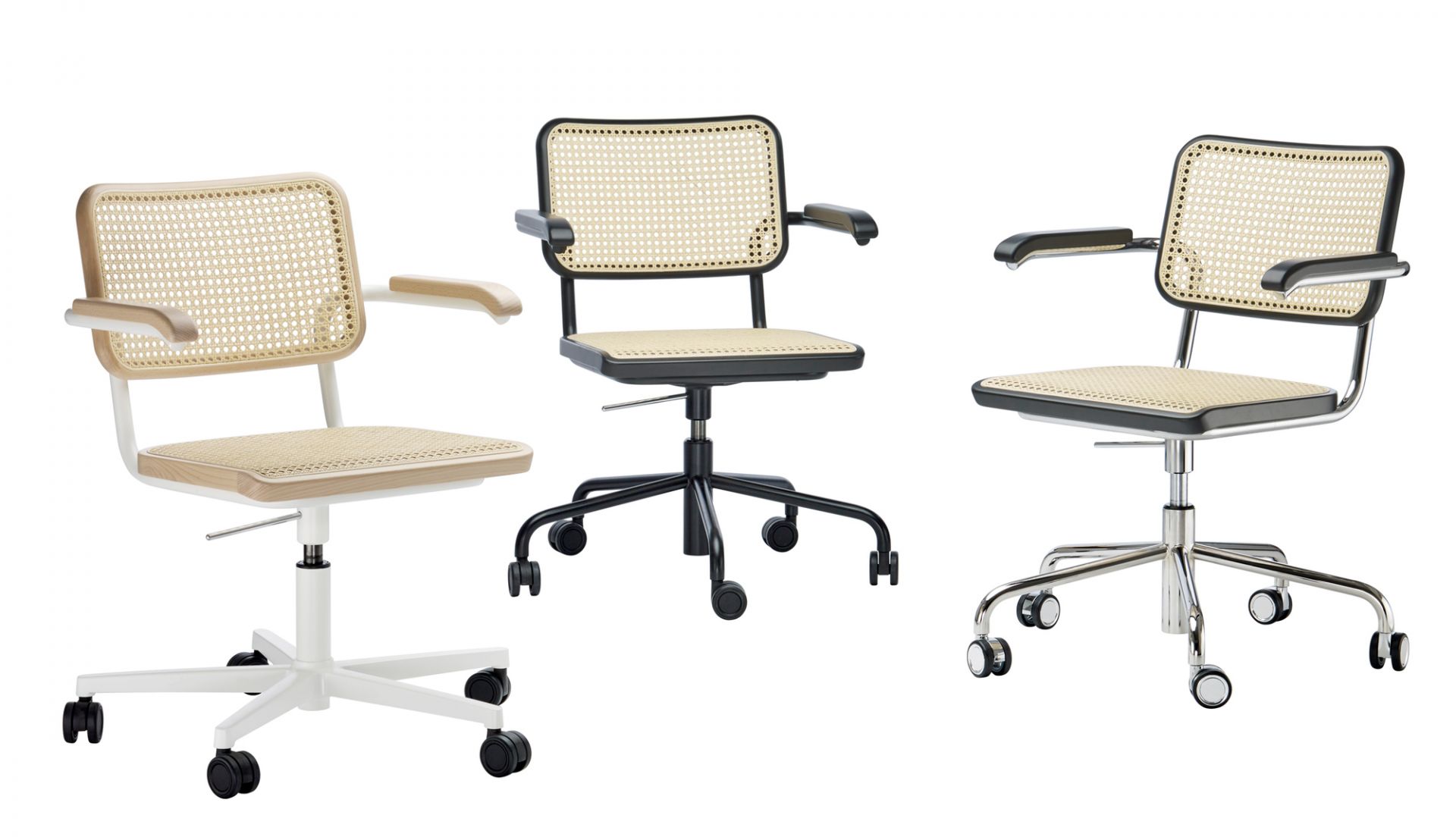 Drei S 64 VDR Thonet Drehstühle mit Wiener Geflecht und unterschiedlichen Gestellfarben: Chrom, Schwarz, Weiß.