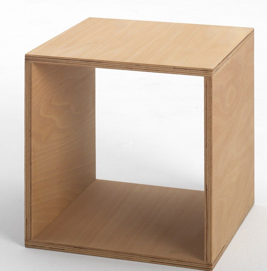 Cube Nachttisch Tojo aus hellem Holz, minimalistisches Design für Schlafzimmer, quadratische Form mit offener Ablage.