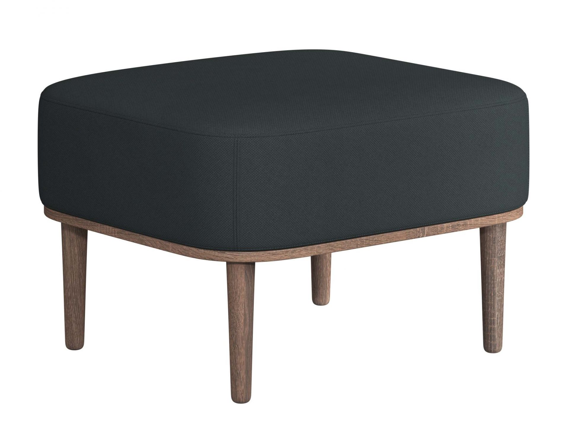 Serena Pouf Ottoman in Phantom Grau mit dunkel gebeiztem Eichenholz Gestell. Moderner Hocker.