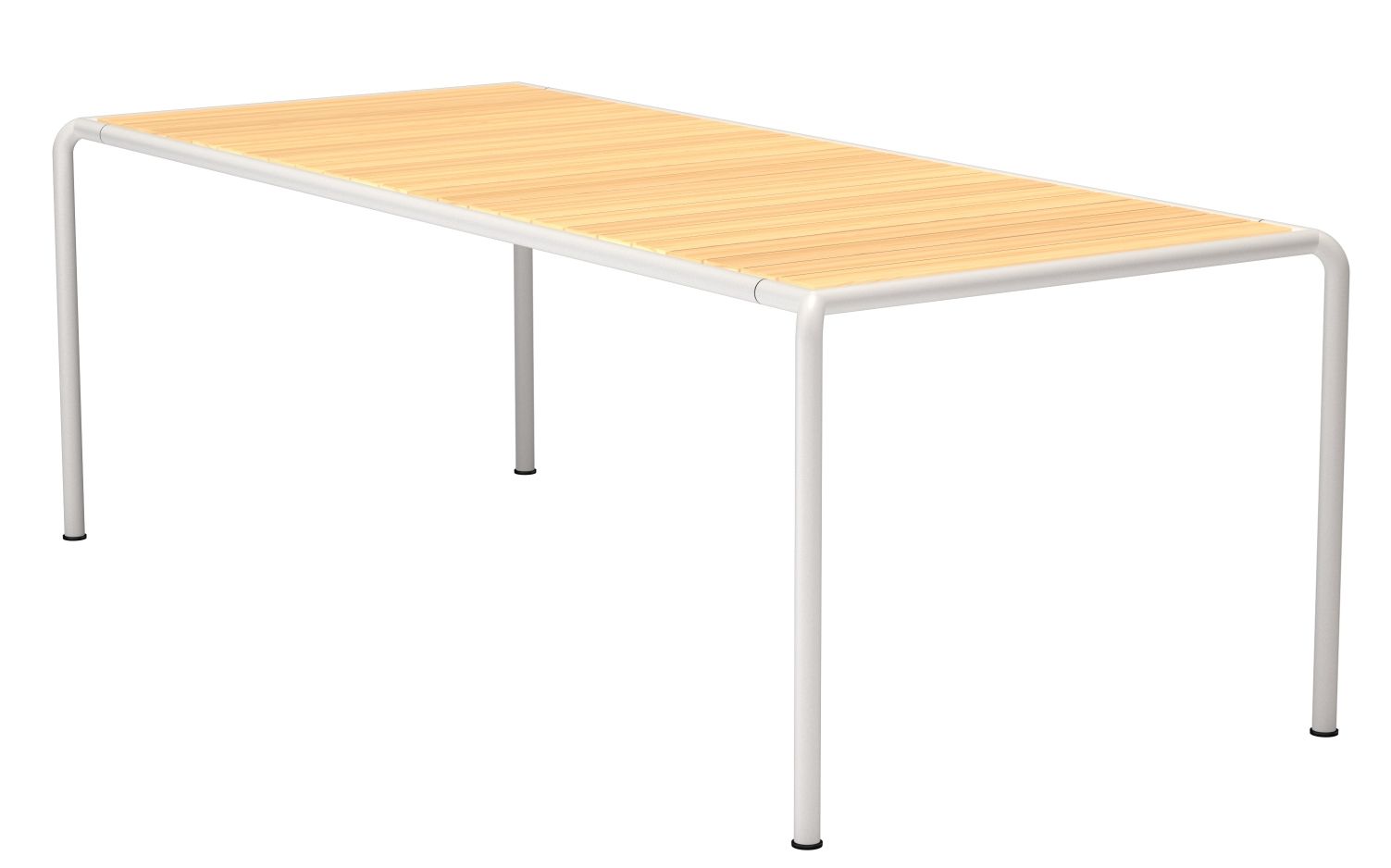 Avanti Esstisch von Houe für den Außenbereich mit heller Holzplatte und weißem Metallgestell.