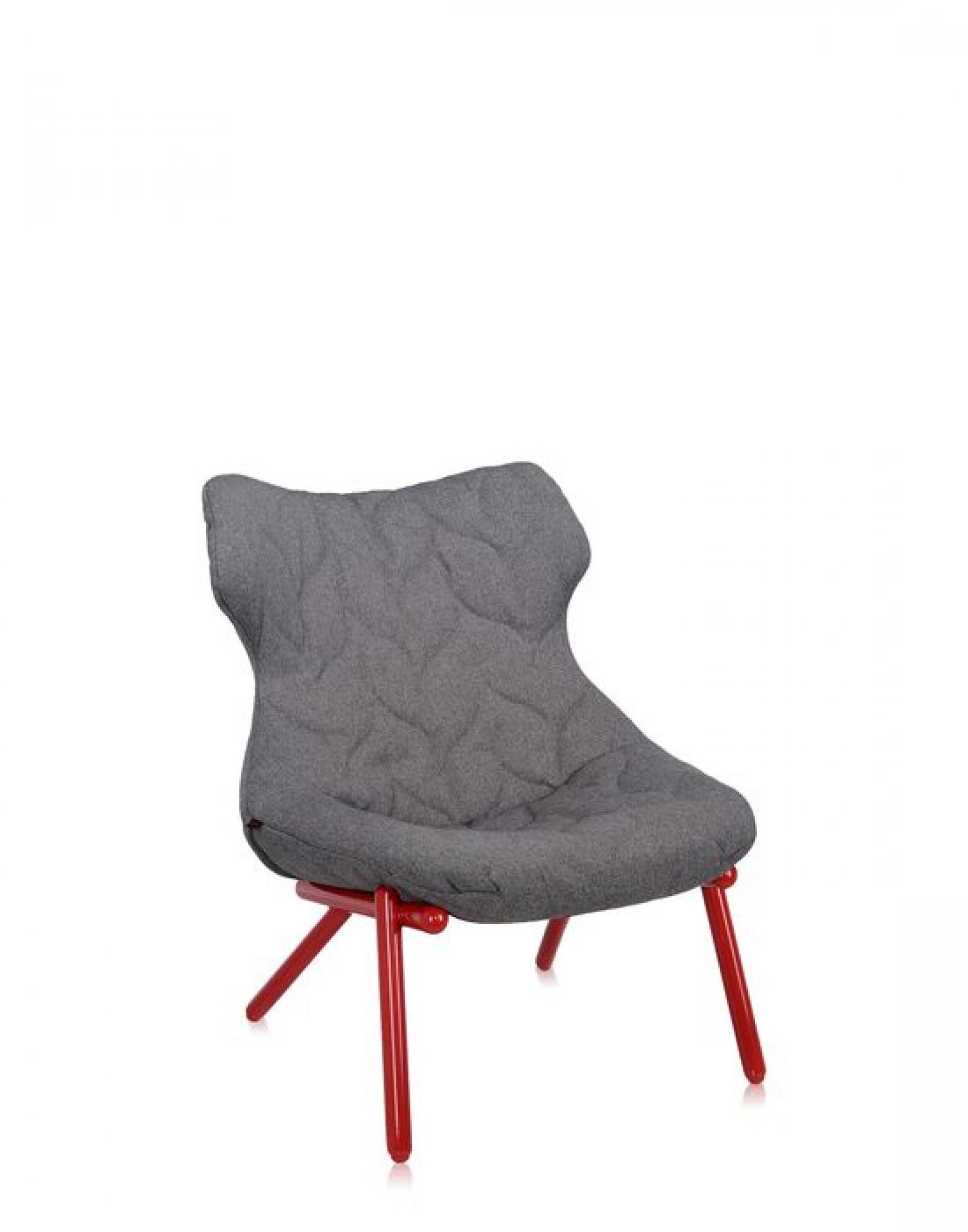 Grauer Foliage Sessel von Kartell mit rotem Gestell, moderner Design-Sessel für Wohnzimmer und Büro.