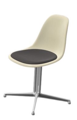 Eames Fiberglass Side Chair DSL von Vitra mit grauem Sitzpolster und verchromtem Untergestell.