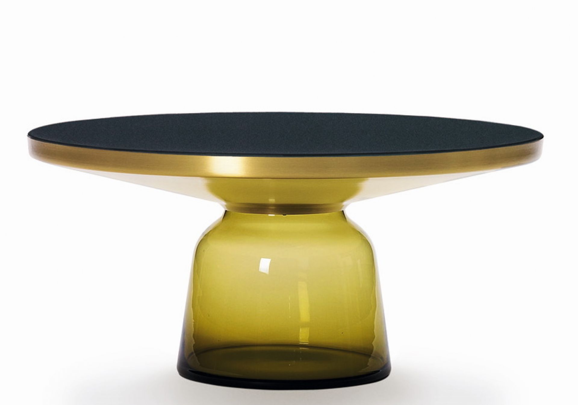 Bell Coffee Table Couchtisch mit Messingrand und Amethyst-violettem Glasfuß, modernes Design für Wohnzimmer.