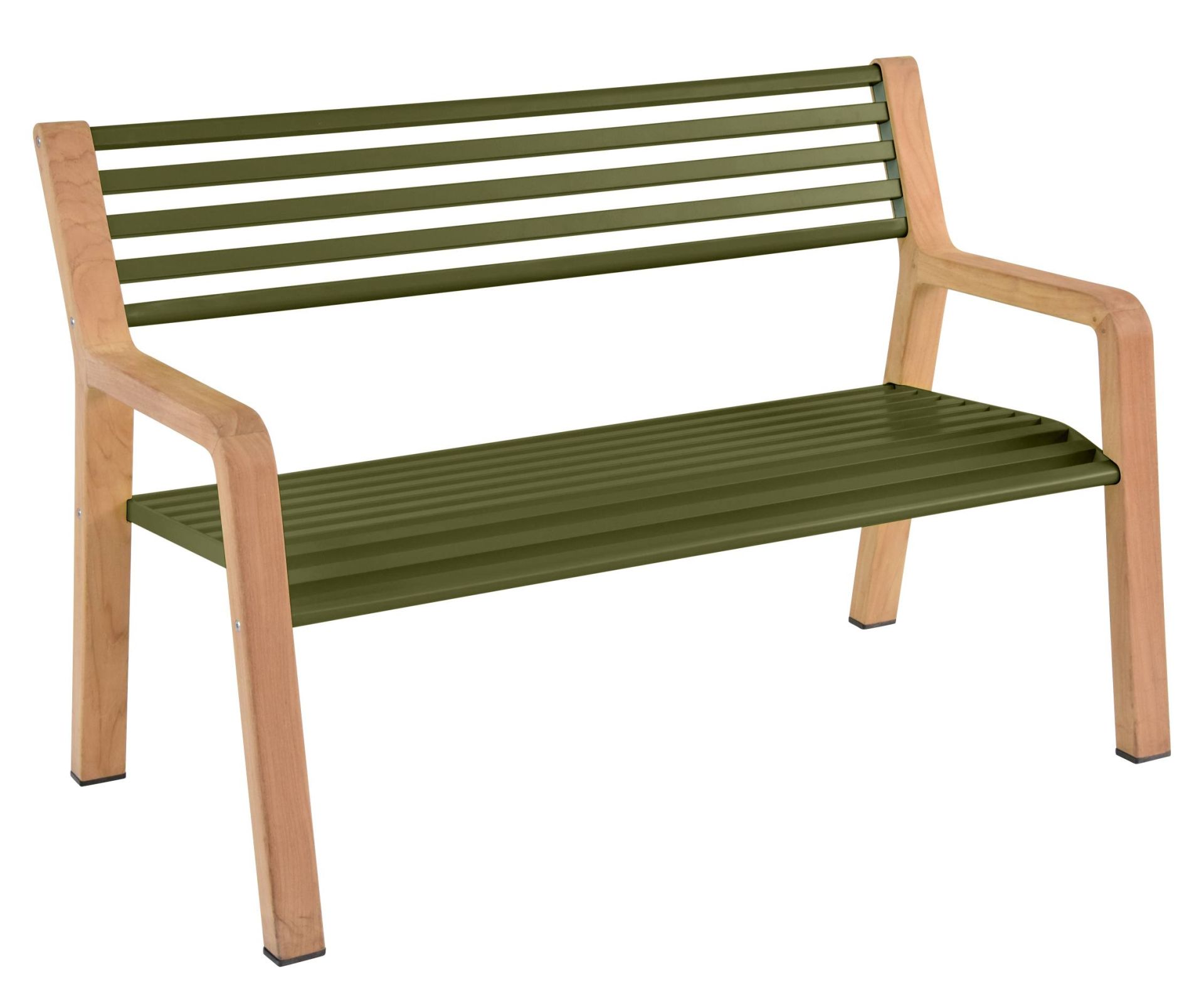 Somerset Bank Outdoor Fermob: Moderne Gartenbank aus Holz und grünem Metall für den Außenbereich.