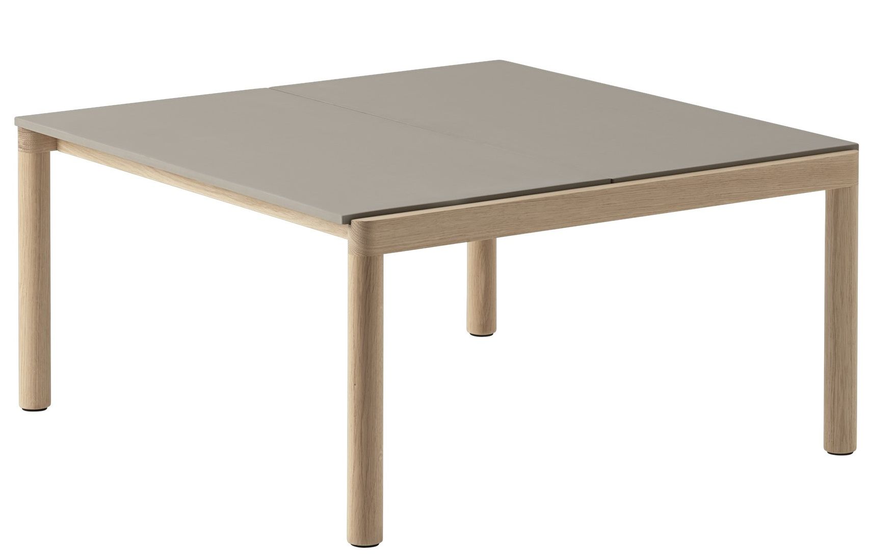 Muuto Couple Coffee Table: Quadratischer Couchtisch mit grauer Tischplatte und hellem Holzgestell, modernes Design für Wohnzimmer.