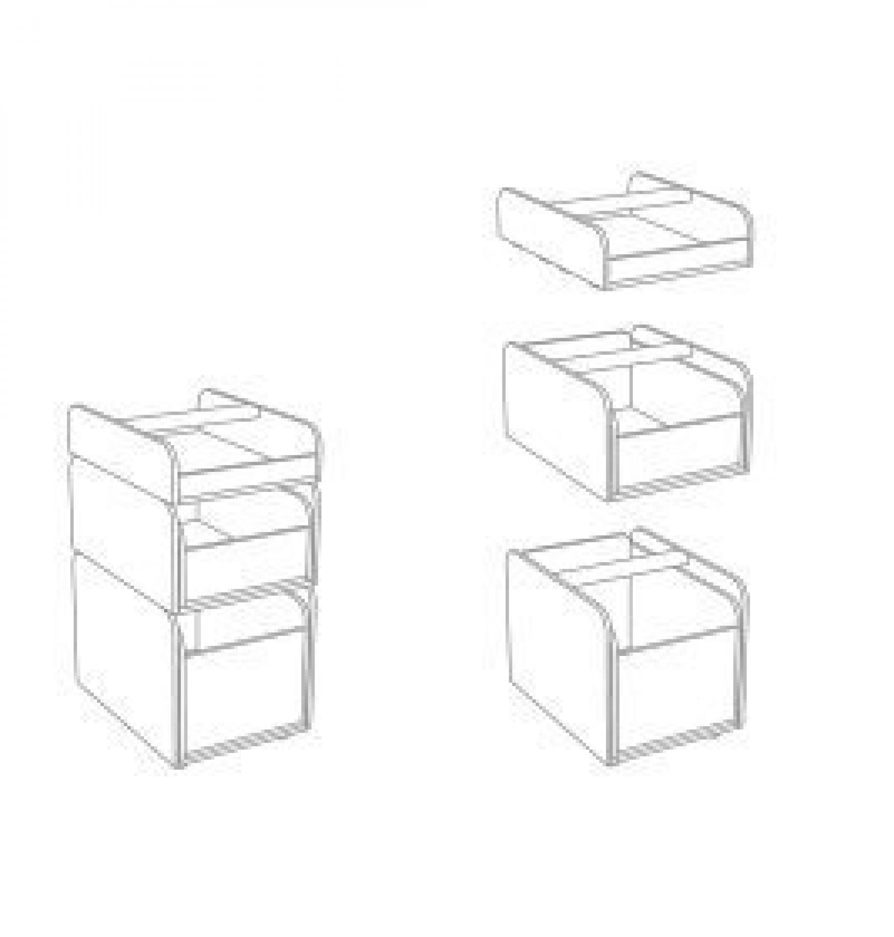 Growing Table Container: Skizze von Kindertisch-Zubehör, stapelbare Aufbewahrungsboxen für Spielsachen und Bastelmaterial.