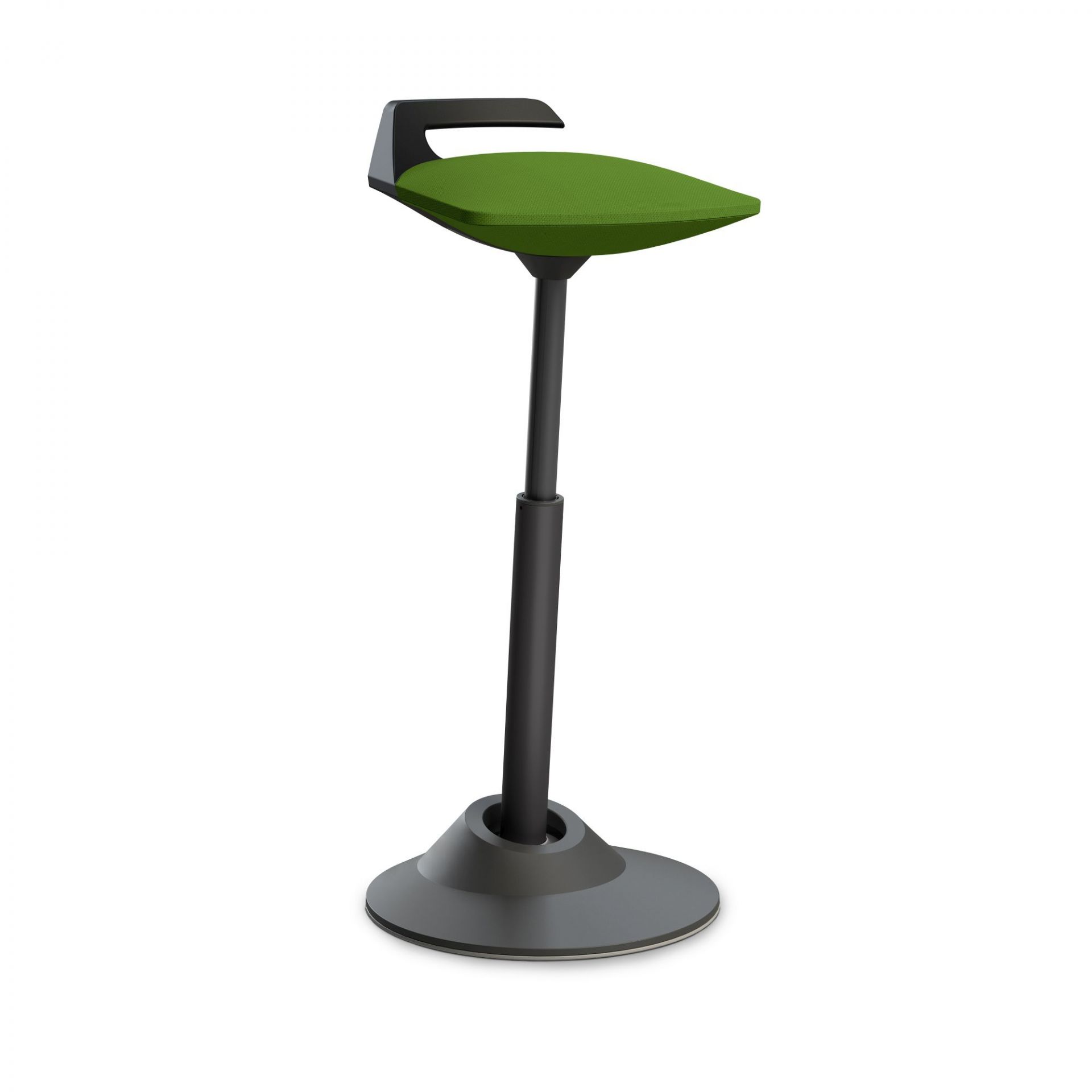 Ergonomischer Steh-Sitz-Hocker in Grün und Schwarz, höhenverstellbar für Büro und Homeoffice, dynamisches Sitzen.