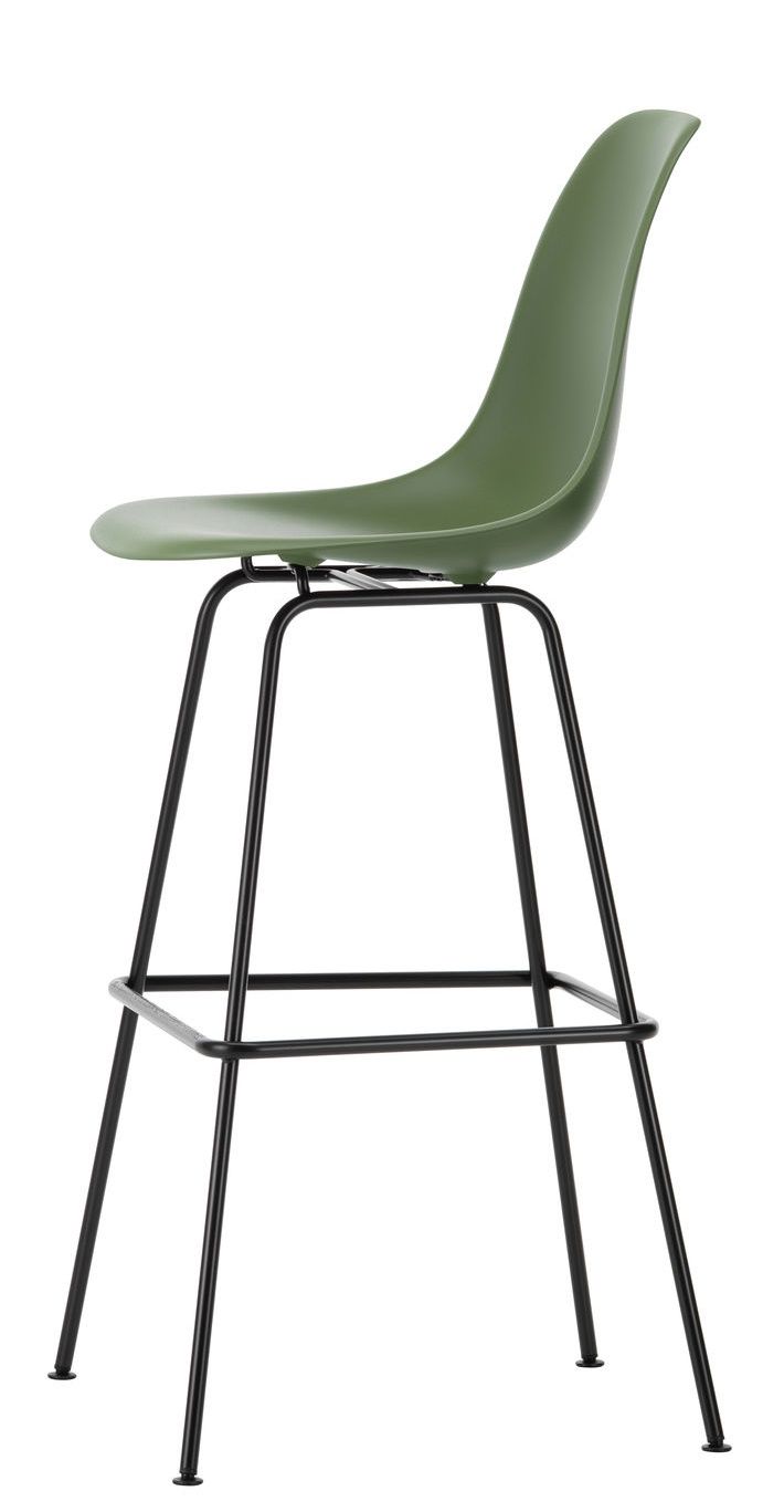 Vitra Eames Plastic Bar Stool Barhocker High in Olivgrün mit schwarzem Metallgestell.