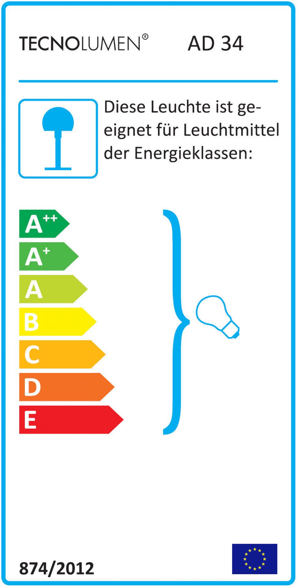 Energieeffizienzlabel der Tecnolumen AD34 Art Déco Schreibtischleuchte, geeignet für Leuchtmittel der Energieklassen A++ bis E.