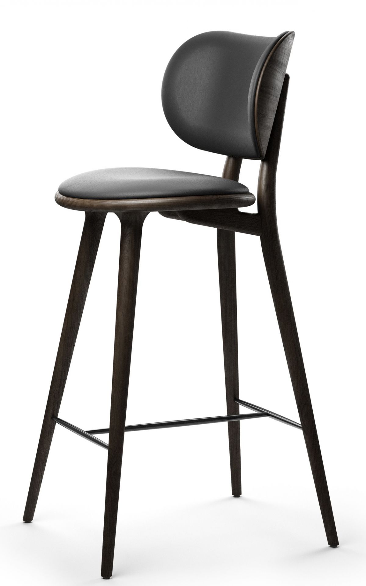 High Stool Backrest Barhocker Mater aus dunklem Holz mit schwarzem Sitz und Rückenlehne.