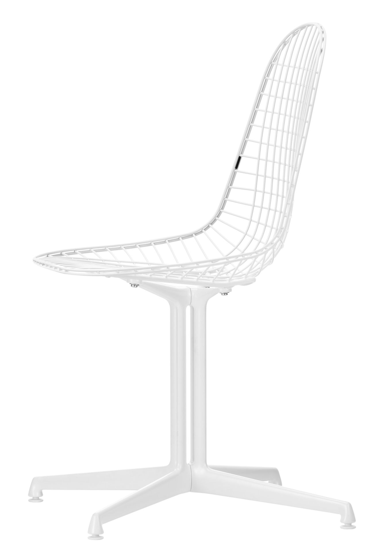 Weißer DKL Wire Chair Stuhl von Vitra, ungepolstert, aus Drahtgeflecht mit filigranem Kufengestell, Seitenansicht.