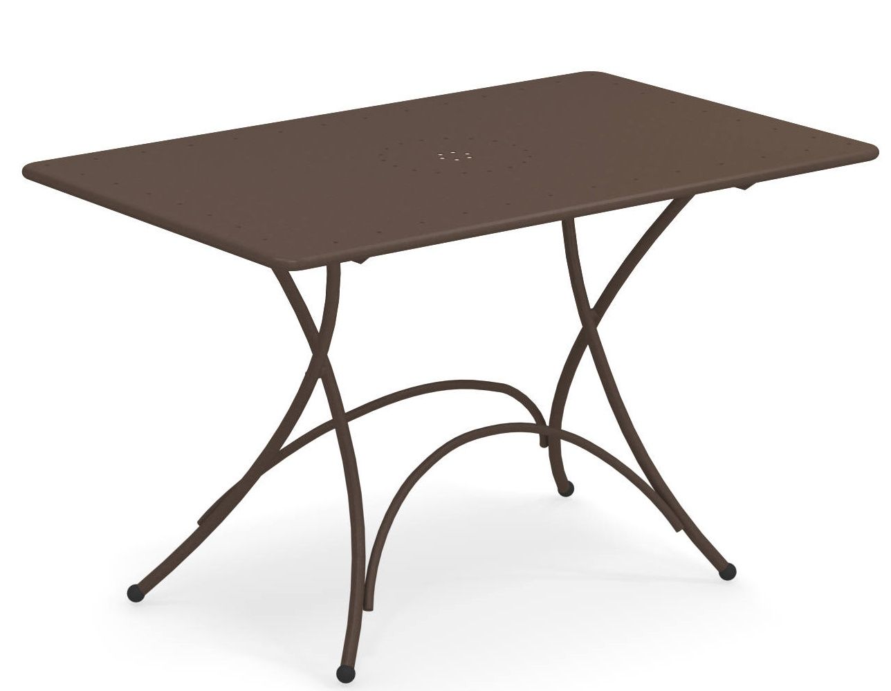Pigalle Klapptisch Outdoor von Emu, brauner Gartentisch aus Metall mit filigranem, klappbarem Untergestell.