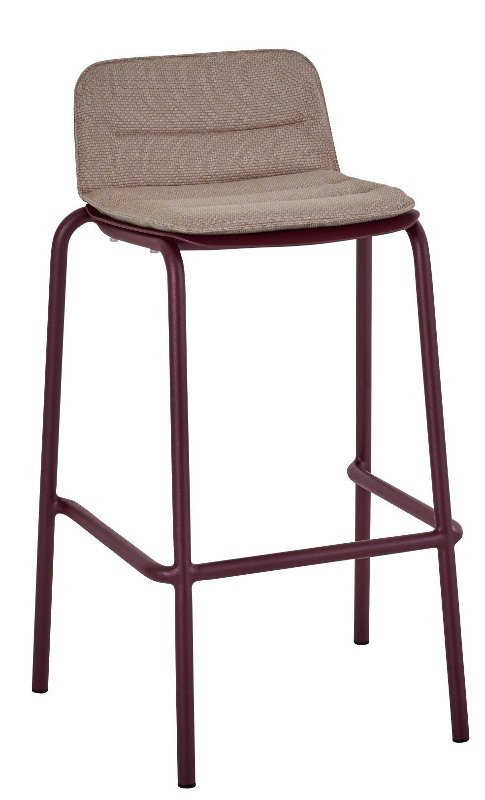 Vapio Barstool Barhocker von Weishäupl für den Außenbereich, Gestell in Weinrot, Sitzfläche und Rückenlehne beige.