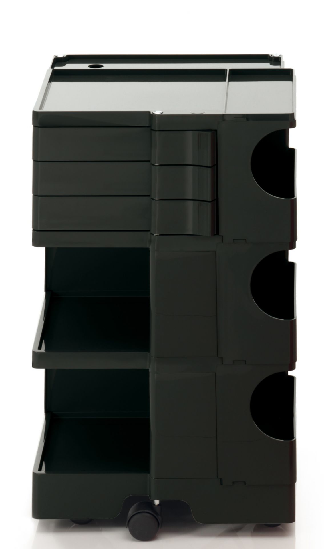 Schwarzer Boby Rollcontainer mit Schubladen, Ablagefächern und Rollen für Büro und Arbeitszimmer.