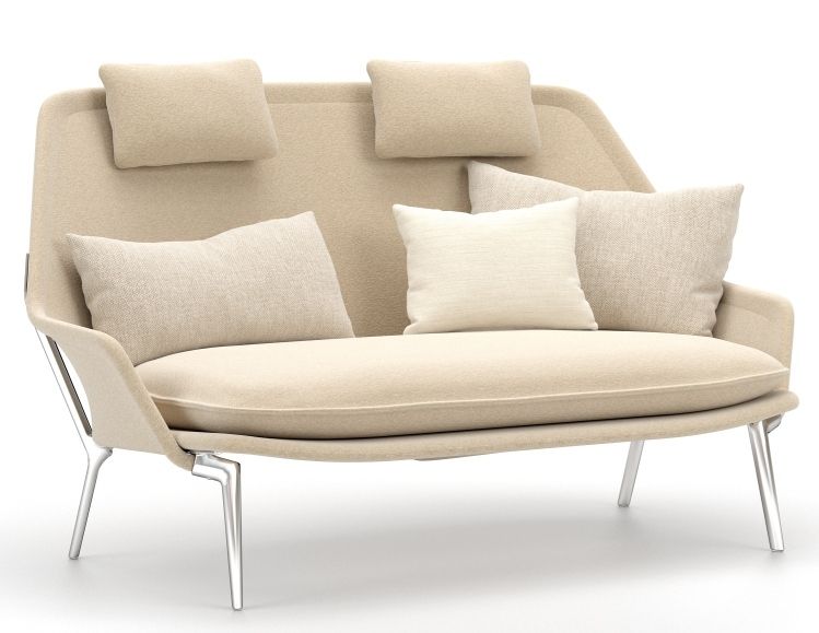 Vitra Slow Sofa aus Stoff in Beige mit Kissen und filigranem Metallgestell, modernes Design.
