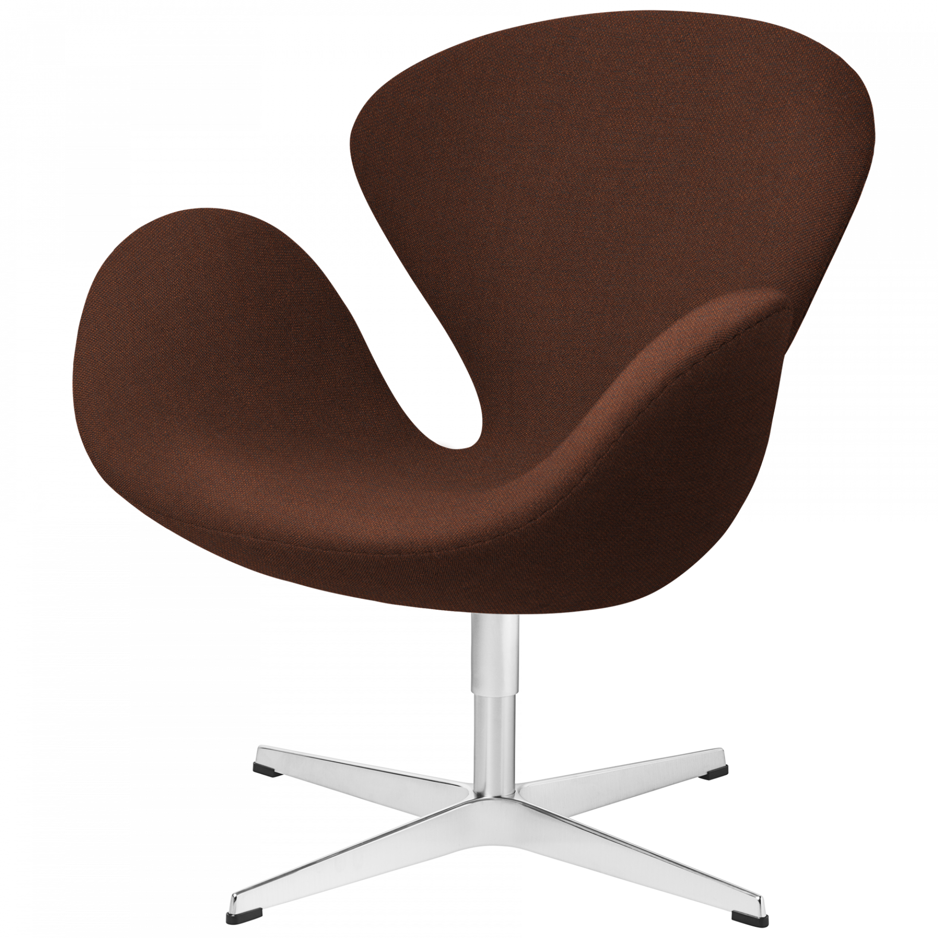 Brauner Schwan Sessel von Fritz Hansen mit Drehfuß aus Aluminium, modernes Designmöbel für Wohnzimmer.
