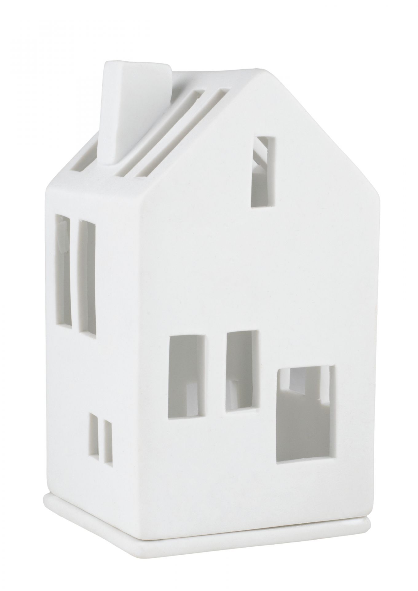 Weißes Living Mini Lichthaus Wohnhaus aus Keramik mit Fenstern und Schornstein.