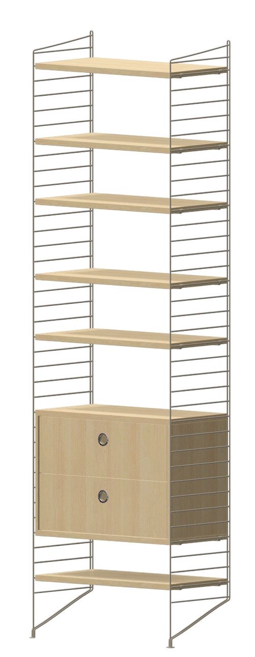 Wohnzimmer String Regal mit hellem Holz und zwei Schubladen für moderne Aufbewahrung.