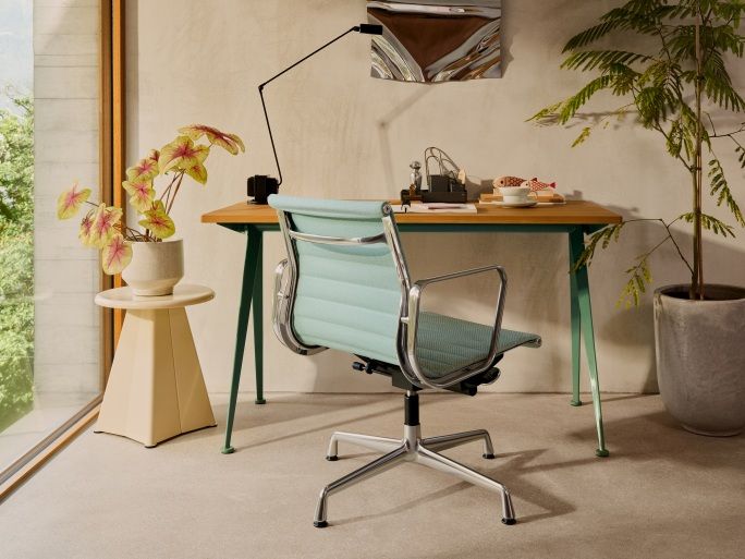 Büro-Szene mit hellblauem Aluminium Chair EA 132 von Vitra, Schreibtisch und Zimmerpflanzen.