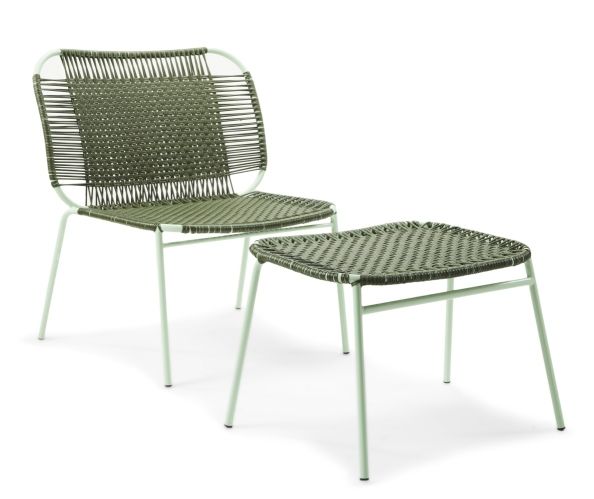 Cielo Fußhocker Outdoor, olivegrün-pastellgrün, mit passendem Sessel. Gartenmöbel aus geflochtenem Kunststoff.