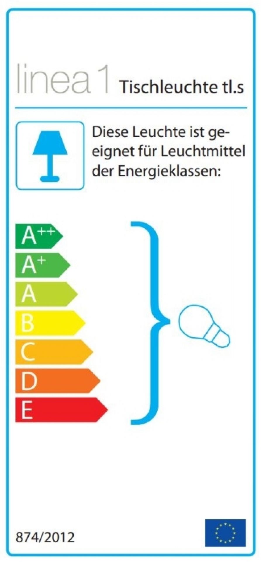 Energielabel der Tischleuchte Linea 1 von Müller Möbelwerkstätten mit Energieeffizienzklassen von A++ bis E.