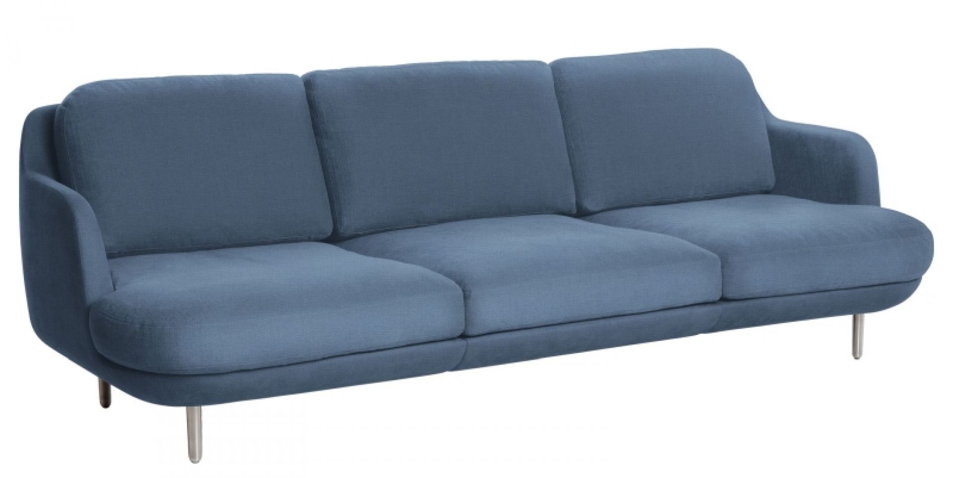 Blaues Fritz Hansen Lune Sofa, ein modernes 3-Sitzer Sofa mit minimalistischem Design und Metallfüßen.