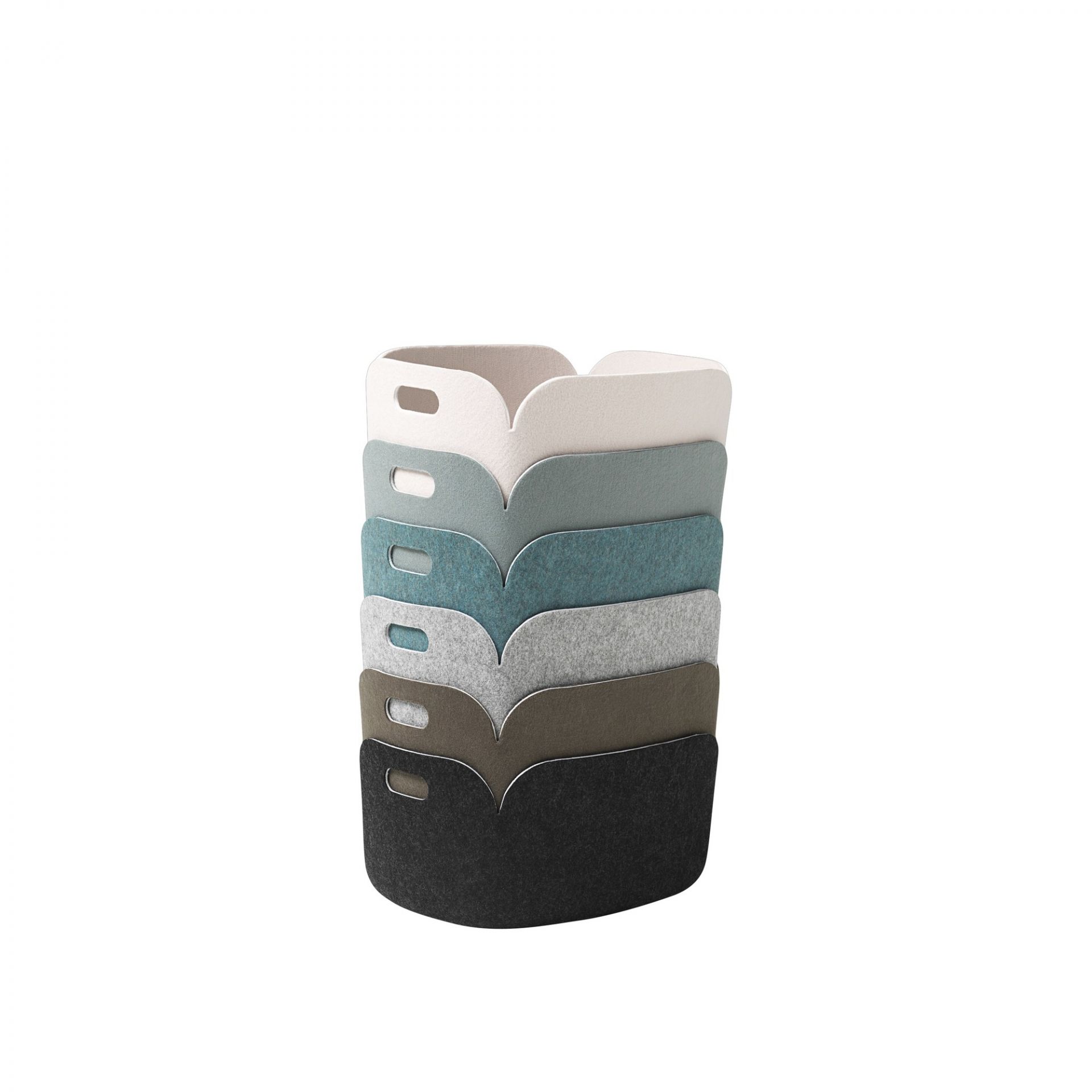 Muuto Restore Storage Basket: Stapel aus Filzkörben in verschiedenen Farben.