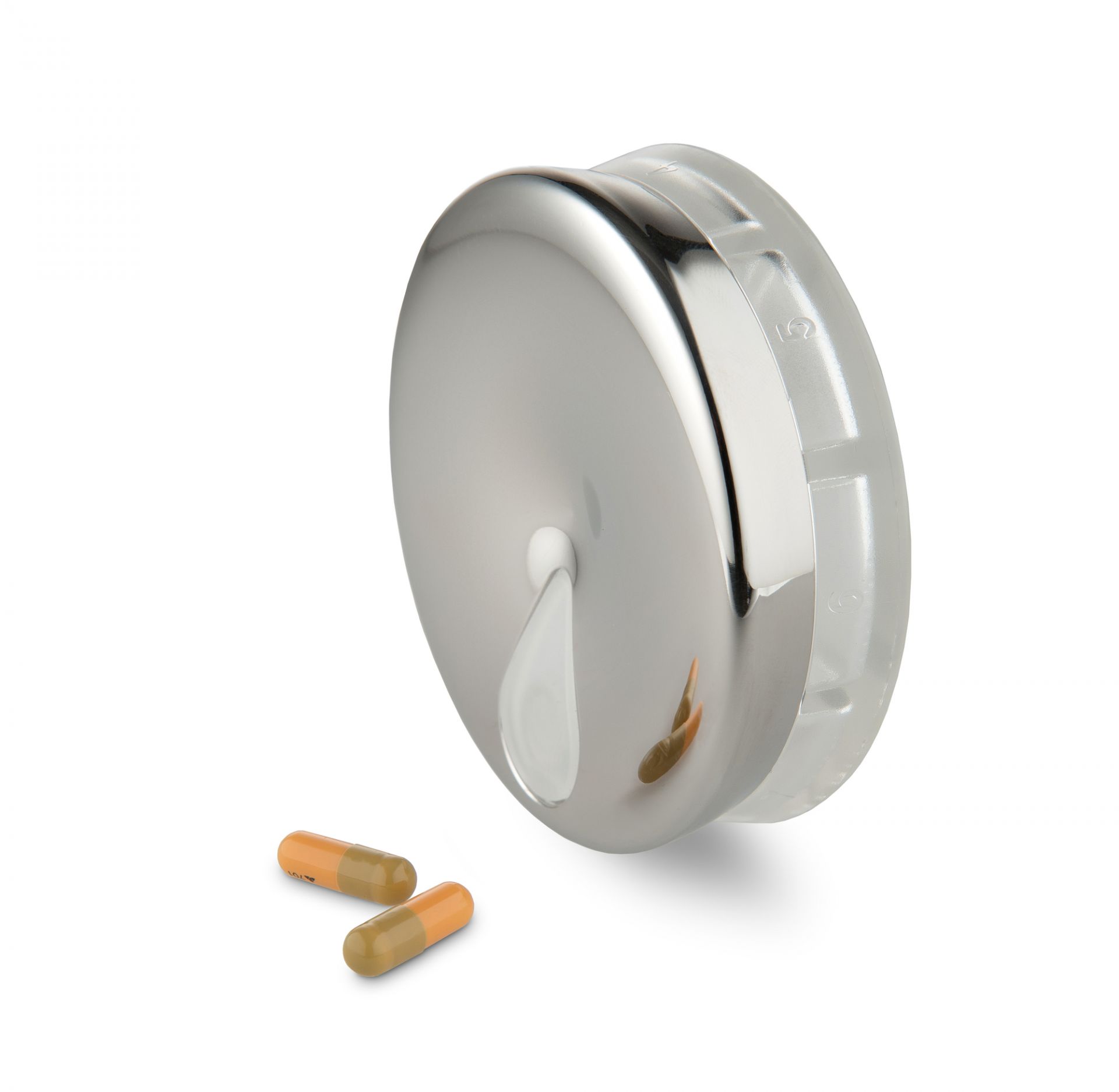 Alessi BM08 YoYo Pillendose aus Edelstahl und Kunststoff mit zwei Tabletten.